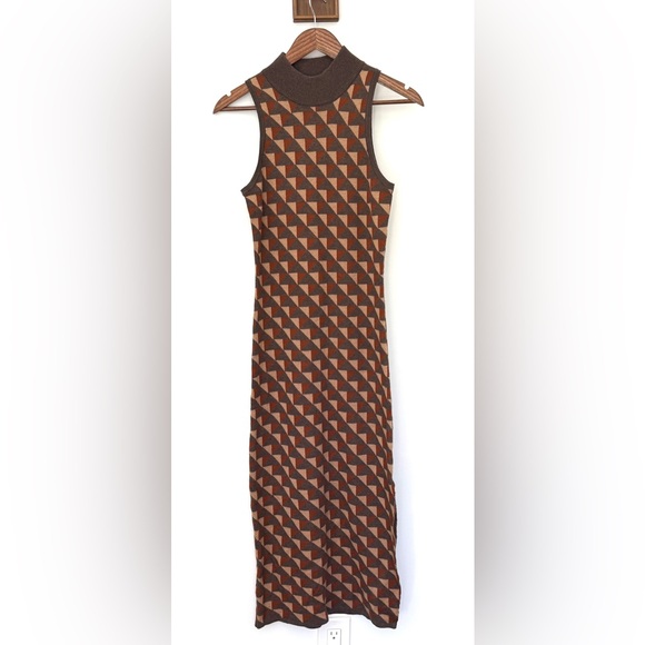 Heartloom Brown Geometric Sleeveless Knit Mock Neck Maxi Dress Size XS Retro - Picture 2 of 12